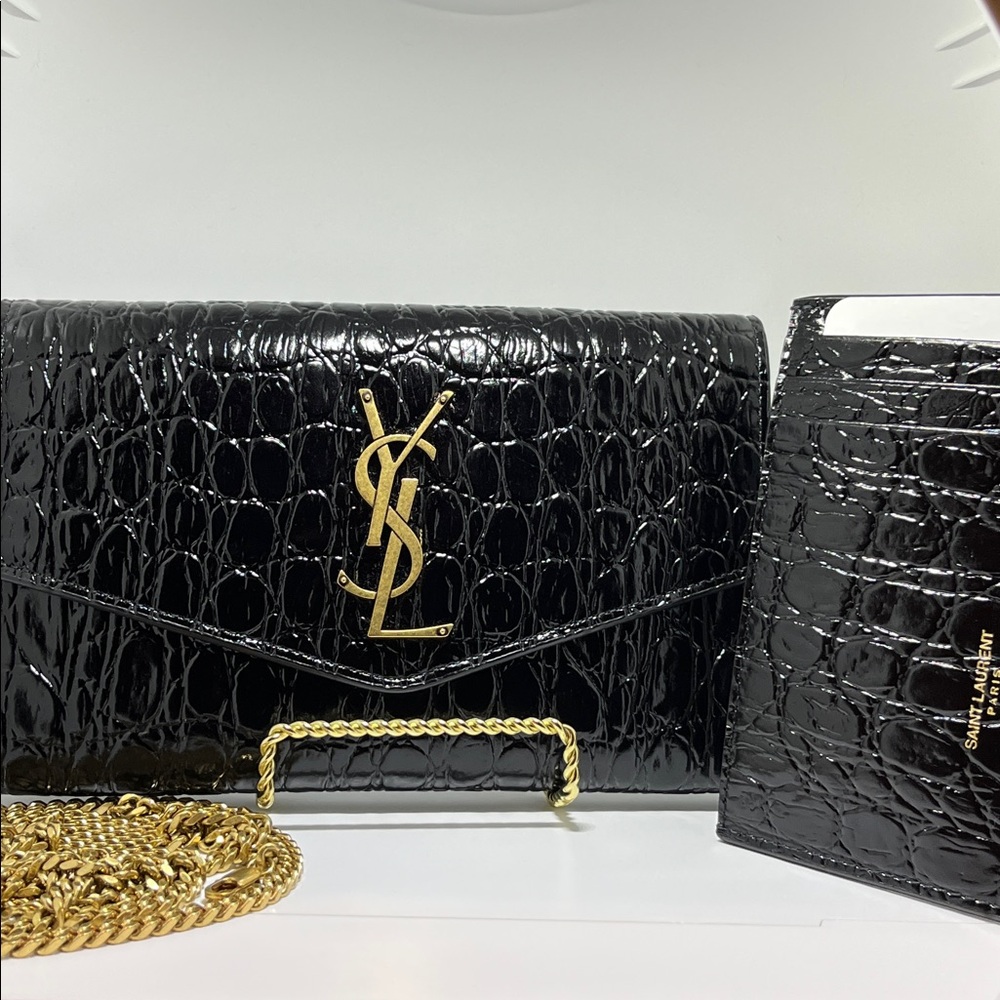 YVES SAINT LAURENT Uptown Crocodile-Embossed Crossbody Chain Wallet Black